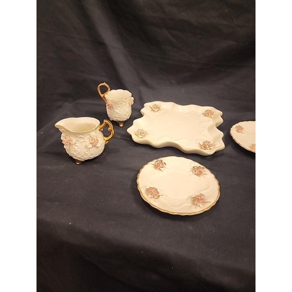 VTG Victorian Porcelain 5‎ Pc Set Pink Rose & Gold Trim Shabby Chic